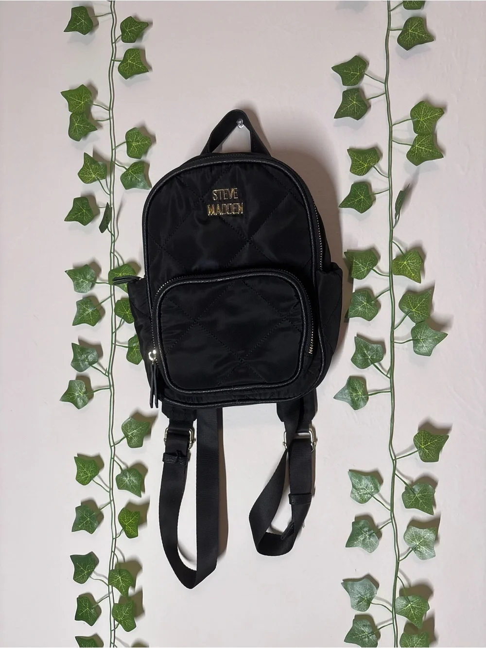 Steve Madden Black Quilted Mini Backpack with Gold Logo